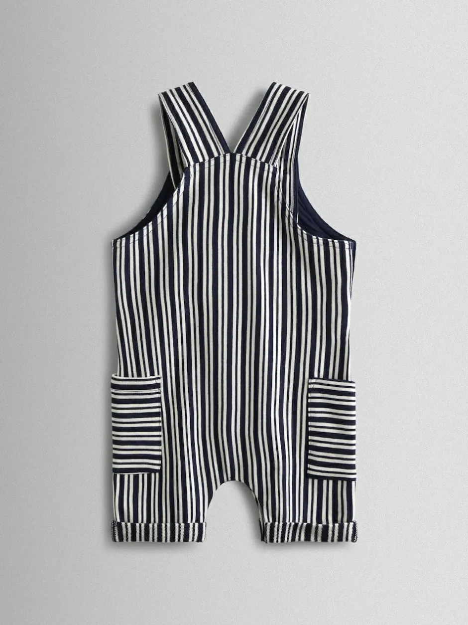 Jojo Maman Bébé Navy Blue Stripe Dungarees, T-Shirt & Hat 3-Piece Set New