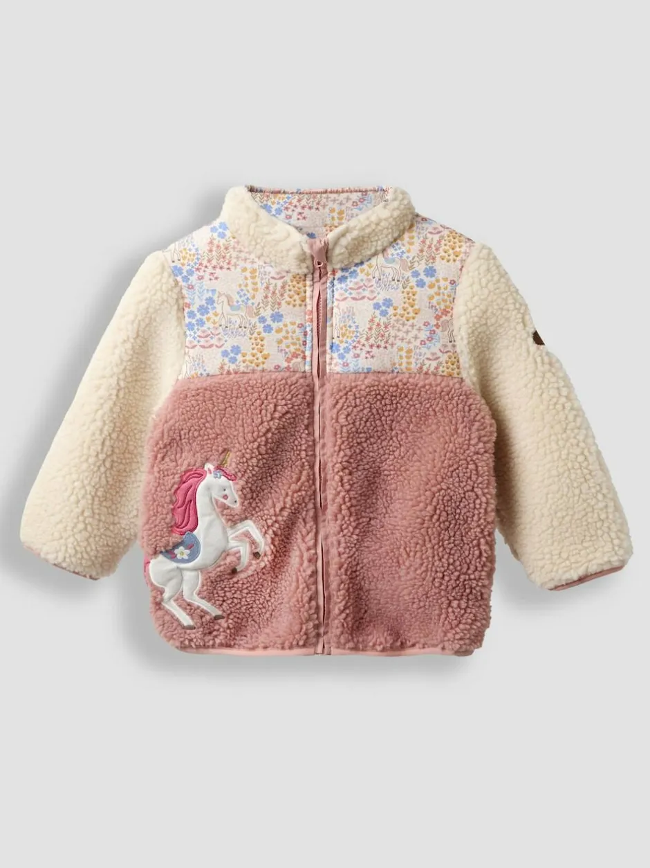 Jojo Maman Bébé Pink Floral Unicorn Fleece Appliqué Reversible Jacket Best