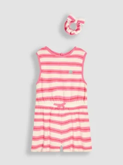 Jojo Maman Bébé Pink Stripe Towelling Sunsuit & Scrunchie Clearance