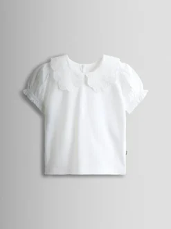 Jojo Maman Bébé Pure White Broderie Collar T-Shirt Clearance