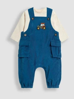 Jojo Maman Bébé Teal Blue Tractor 2-Piece Embroidered Cargo Cord Dungarees & Top Set Sale