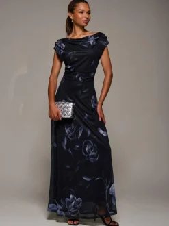 Jolie Moi Asymmetric Neck Mesh Maxi Dress Black New