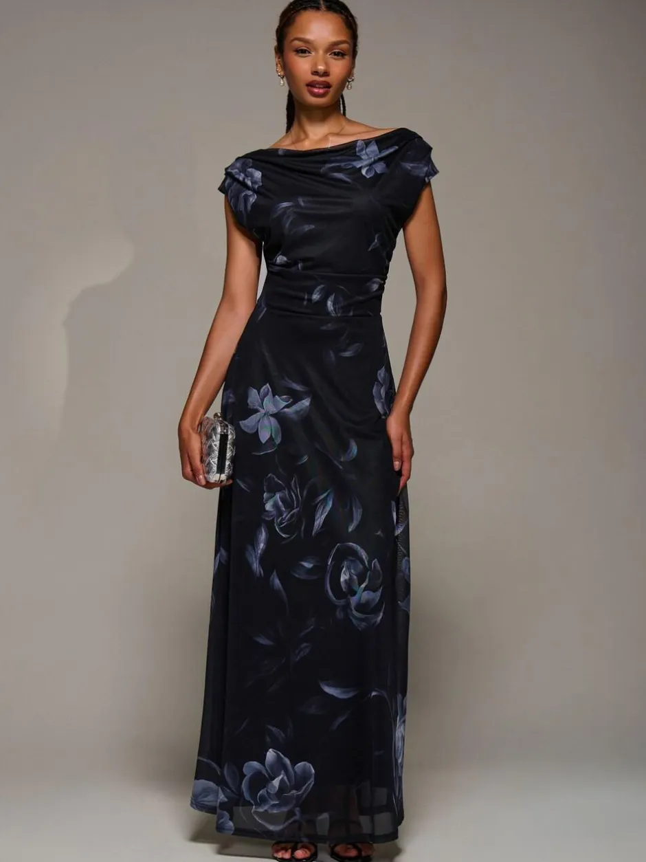 Jolie Moi Asymmetric Neck Mesh Maxi Dress Black New