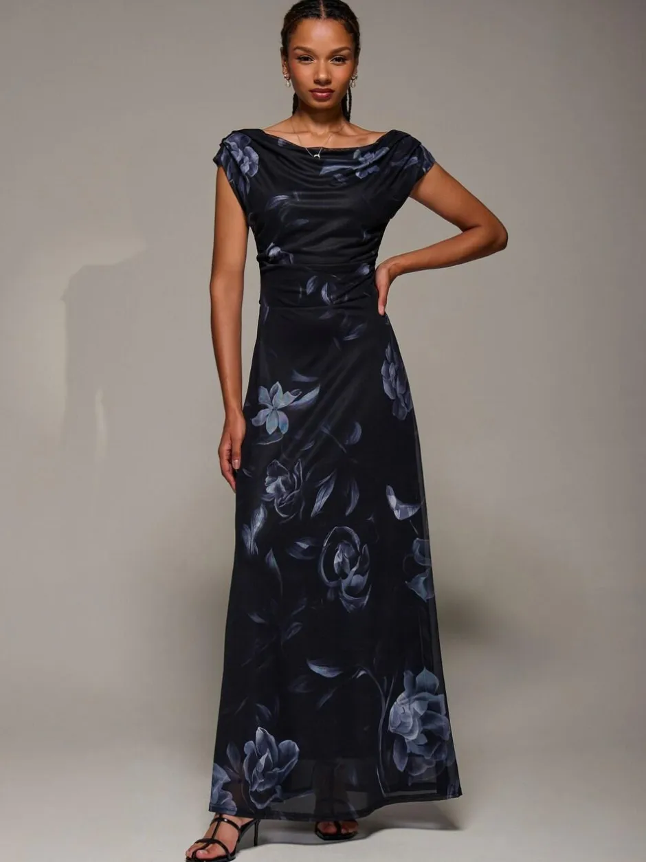 Jolie Moi Asymmetric Neck Mesh Maxi Dress Black New