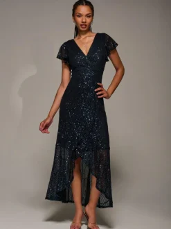 Jolie Moi Black Frill Short Sleeve Sequin Maxi Dress Sale