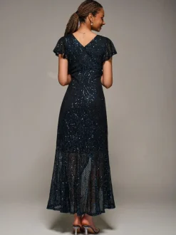Jolie Moi Black Frill Short Sleeve Sequin Maxi Dress Sale