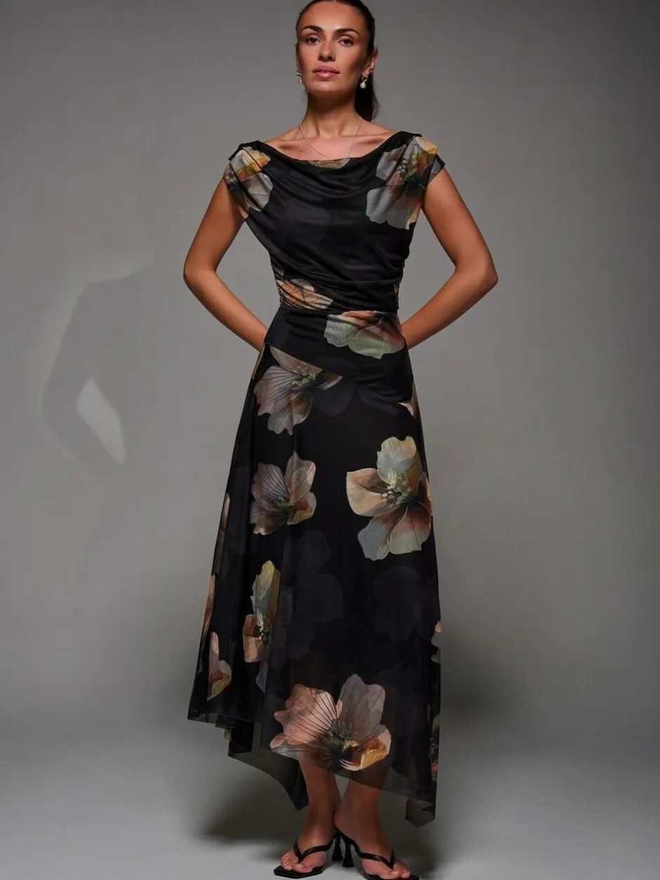Jolie Moi Mesh Asymmetrical Draped Maxi Dress Black Clearance