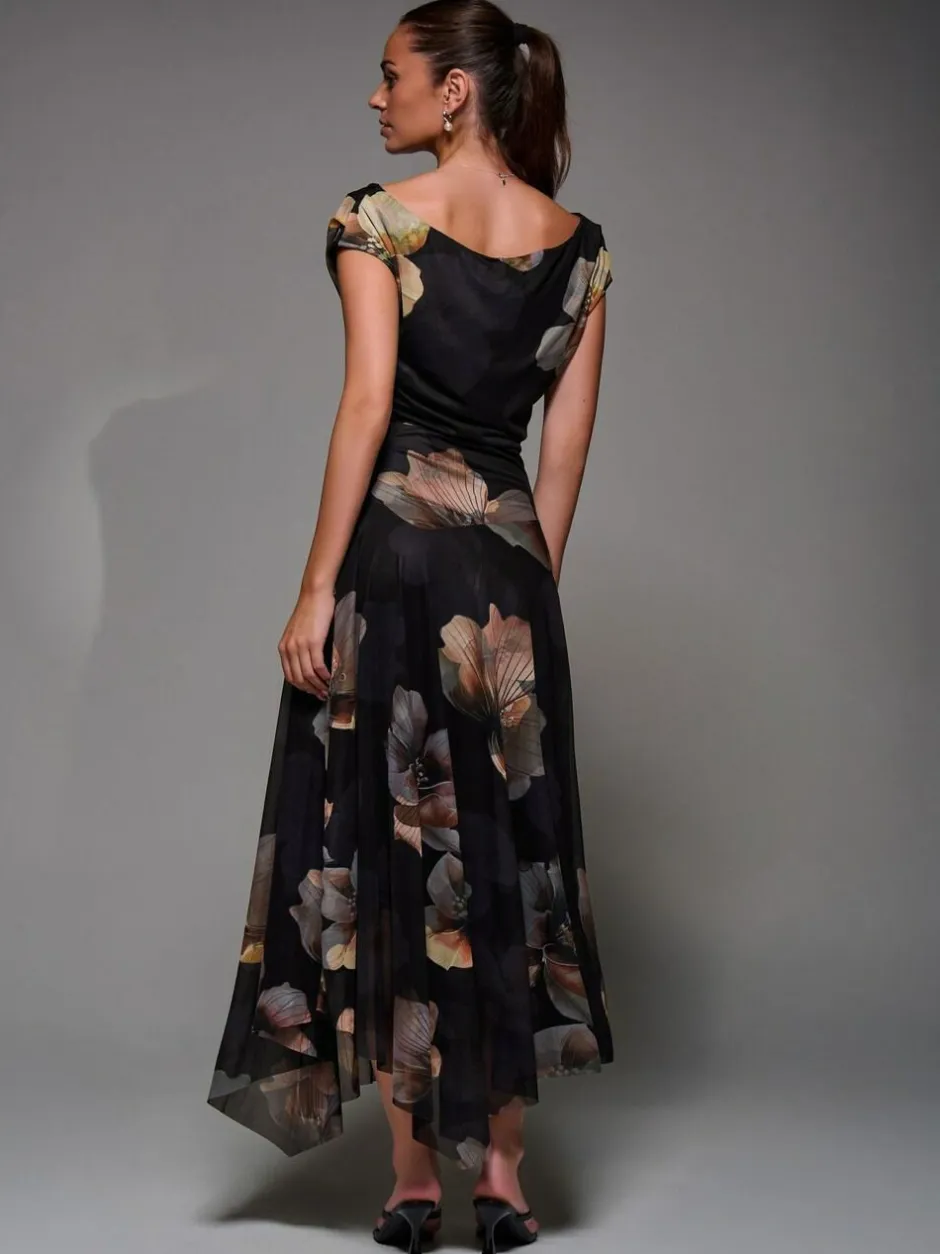 Jolie Moi Mesh Asymmetrical Draped Maxi Dress Black Clearance