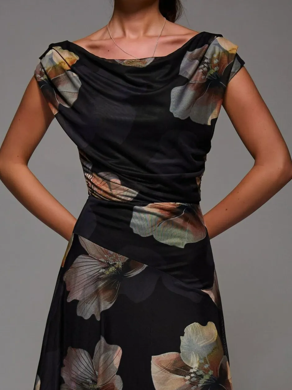 Jolie Moi Mesh Asymmetrical Draped Maxi Dress Black Clearance