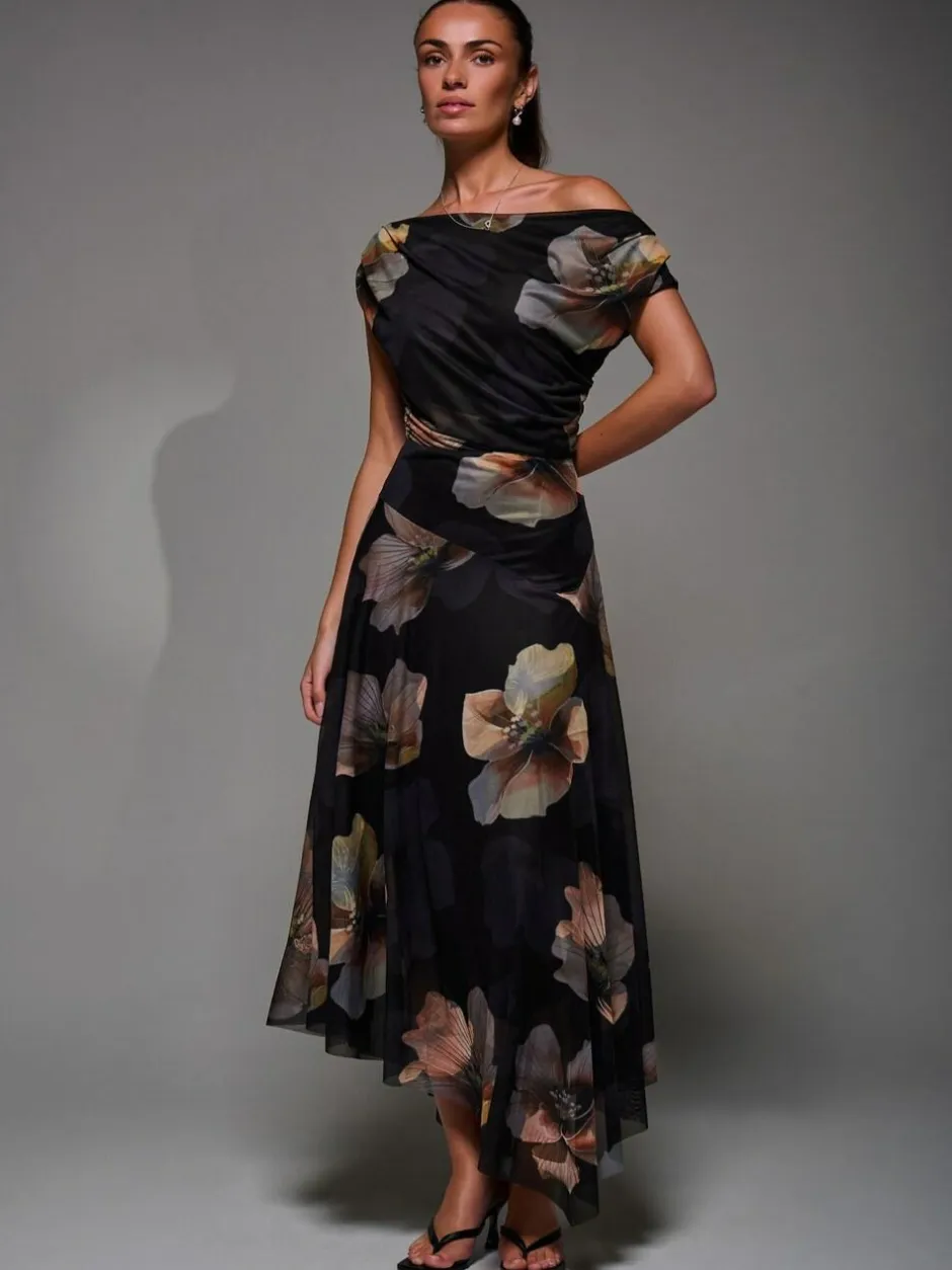 Jolie Moi Mesh Asymmetrical Draped Maxi Dress Black Clearance