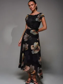 Jolie Moi Mesh Asymmetrical Draped Maxi Dress Black Clearance