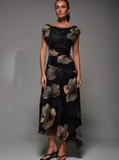 Jolie Moi Mesh Asymmetrical Draped Maxi Dress Black Clearance
