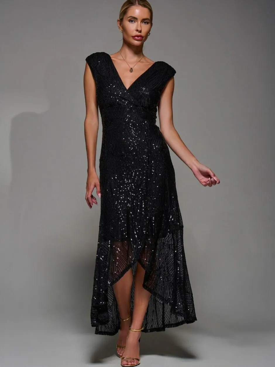 Jolie Moi Black Sequin Asymmetric Ruffle Hem Maxi Dress Sale