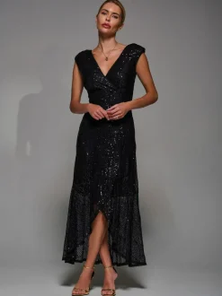 Jolie Moi Black Sequin Asymmetric Ruffle Hem Maxi Dress Sale
