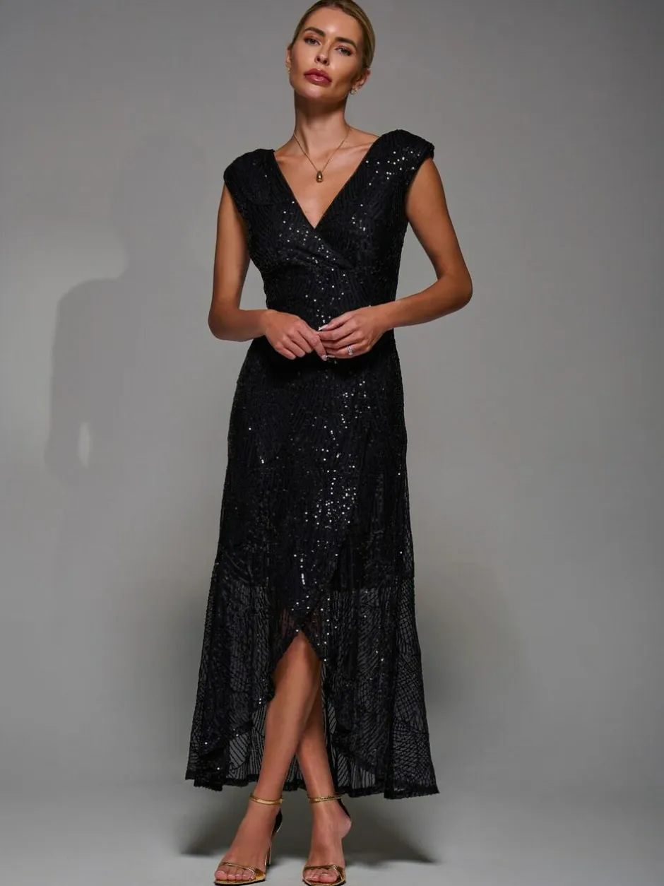 Jolie Moi Black Sequin Asymmetric Ruffle Hem Maxi Dress Sale