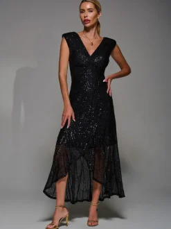 Jolie Moi Black Sequin Asymmetric Ruffle Hem Maxi Dress Sale