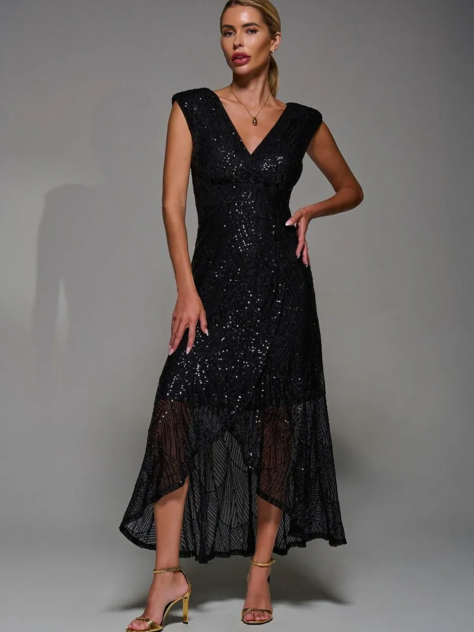 Jolie Moi Black Sequin Asymmetric Ruffle Hem Maxi Dress Sale