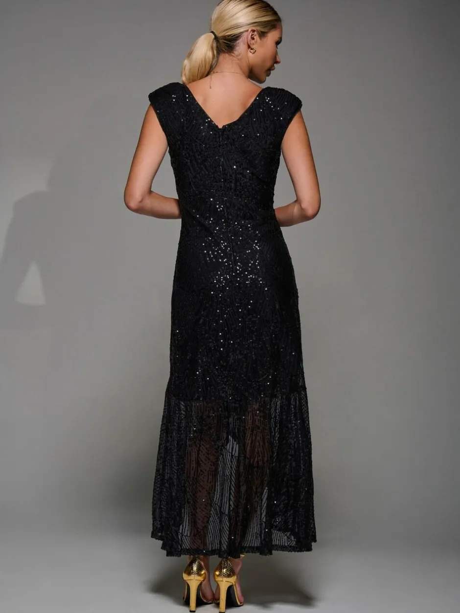 Jolie Moi Black Sequin Asymmetric Ruffle Hem Maxi Dress Sale