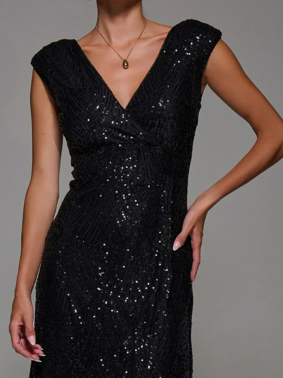 Jolie Moi Black Sequin Asymmetric Ruffle Hem Maxi Dress Sale