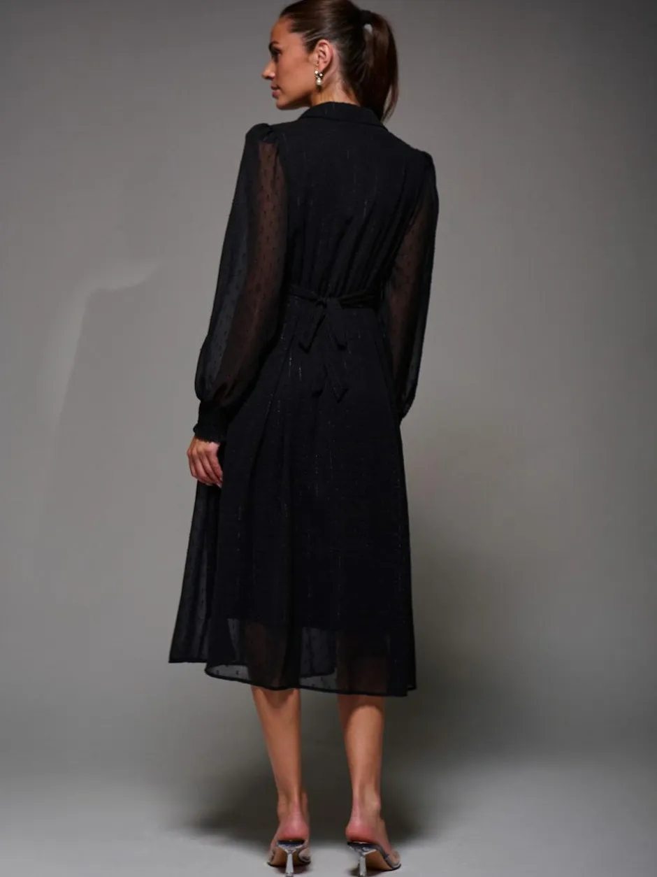 Jolie Moi Black Textured Chiffon Ruffle Shirt Dress Online