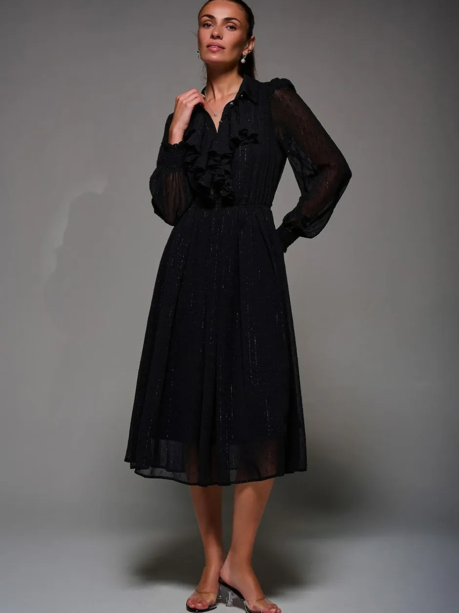 Jolie Moi Black Textured Chiffon Ruffle Shirt Dress Online