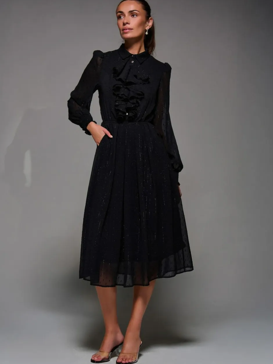 Jolie Moi Black Textured Chiffon Ruffle Shirt Dress Online