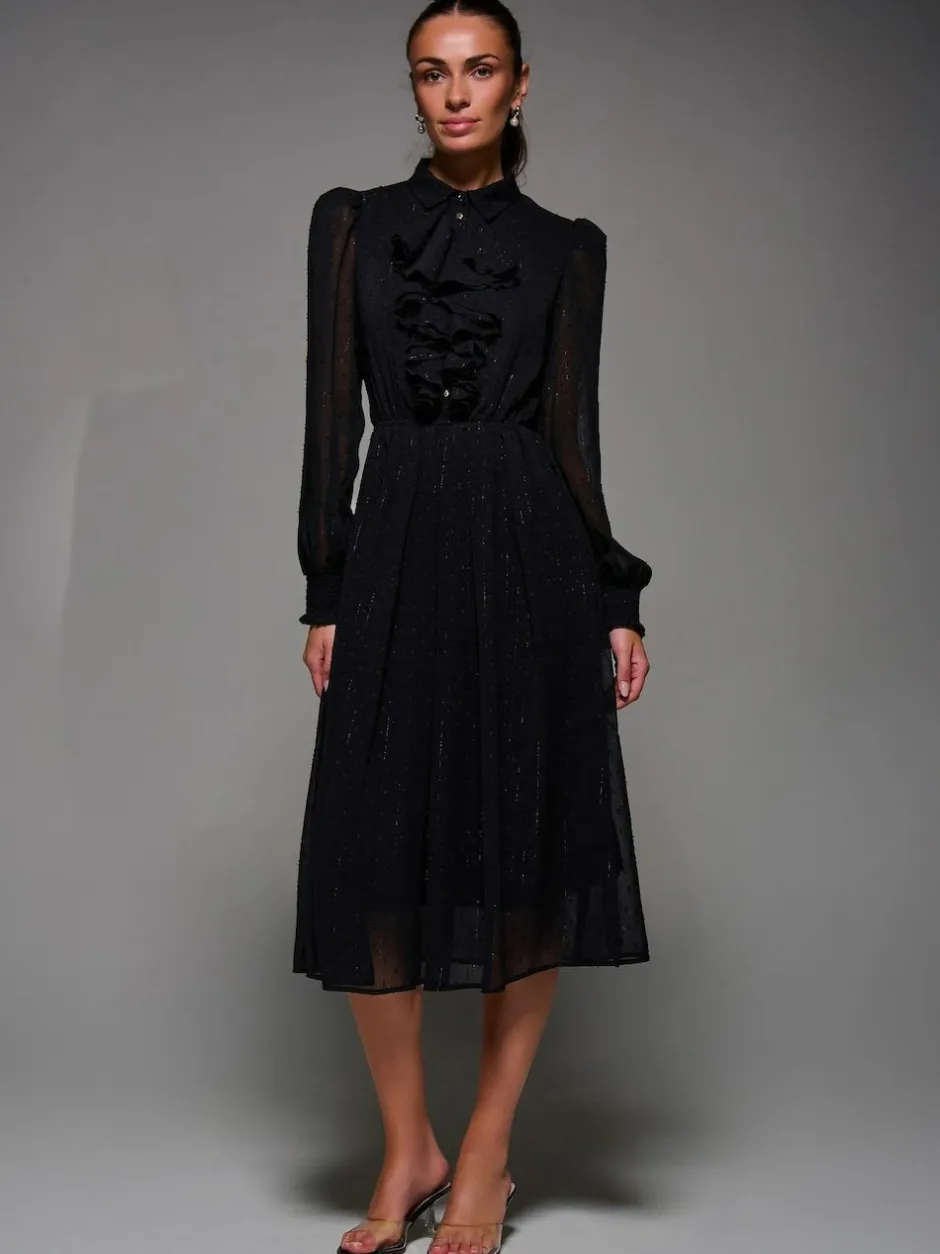Jolie Moi Black Textured Chiffon Ruffle Shirt Dress Online