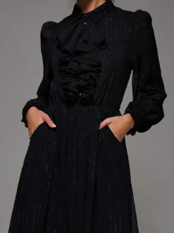 Jolie Moi Black Textured Chiffon Ruffle Shirt Dress Online