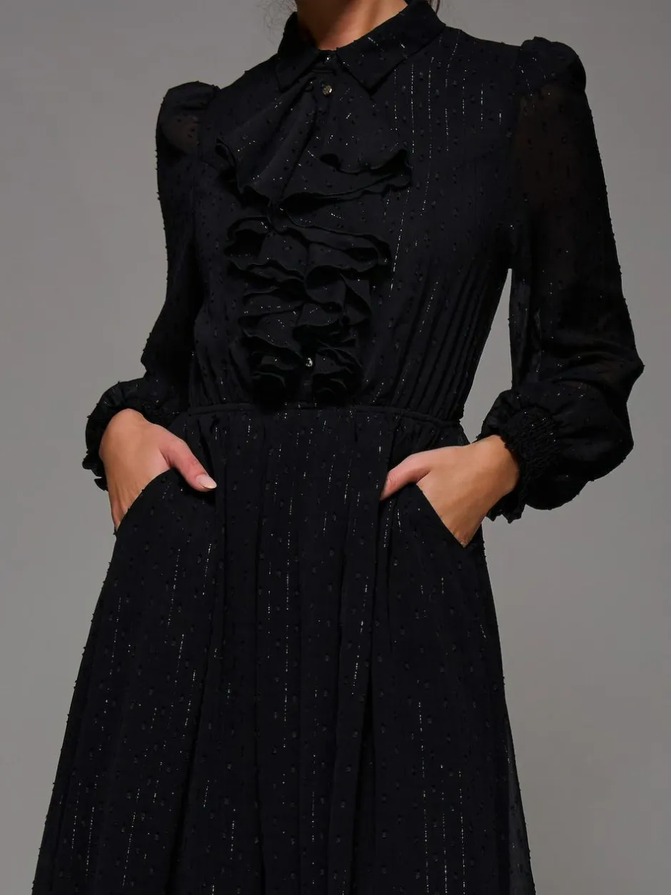 Jolie Moi Black Textured Chiffon Ruffle Shirt Dress Online
