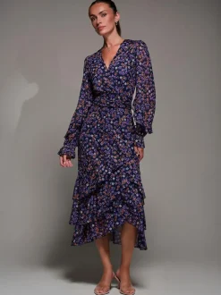 Jolie Moi Long Sleeve Frill Detail Mesh Maxi Dress Blue Sale