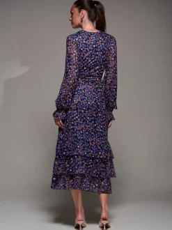 Jolie Moi Long Sleeve Frill Detail Mesh Maxi Dress Blue Sale