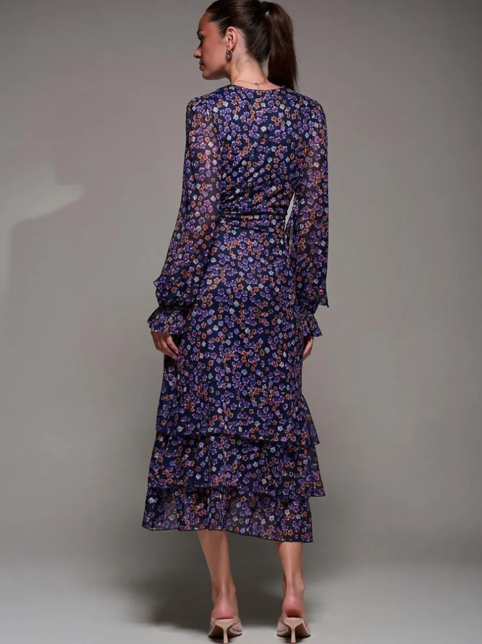 Jolie Moi Long Sleeve Frill Detail Mesh Maxi Dress Blue Sale