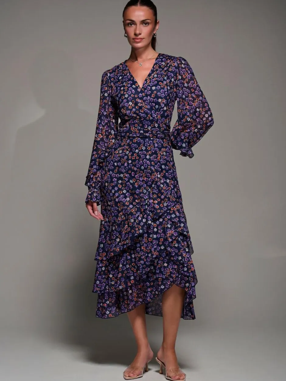 Jolie Moi Long Sleeve Frill Detail Mesh Maxi Dress Blue Sale