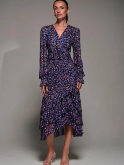 Jolie Moi Long Sleeve Frill Detail Mesh Maxi Dress Blue Sale