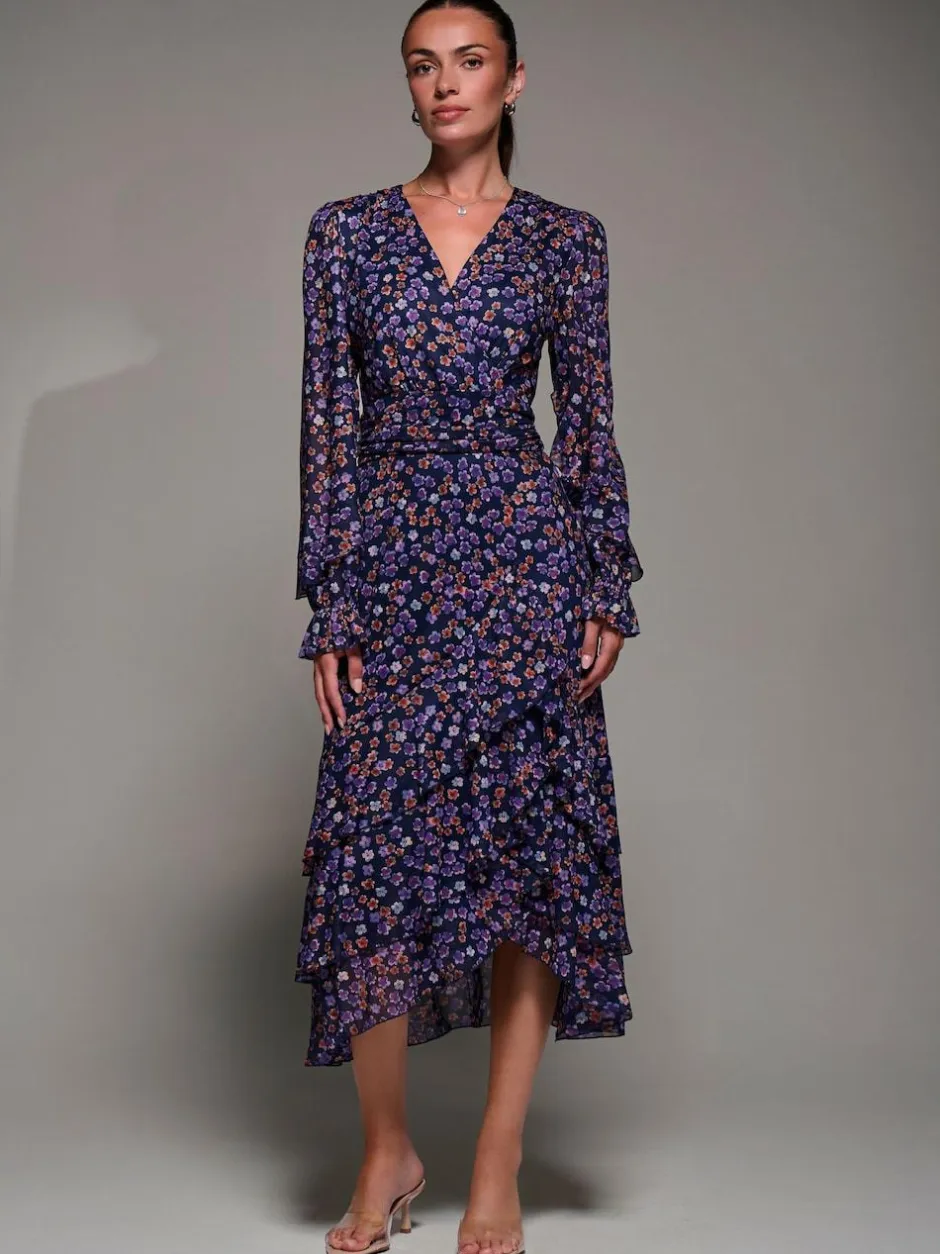 Jolie Moi Long Sleeve Frill Detail Mesh Maxi Dress Blue Sale