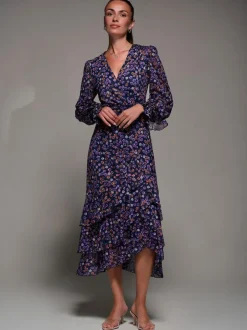 Jolie Moi Long Sleeve Frill Detail Mesh Maxi Dress Blue Sale