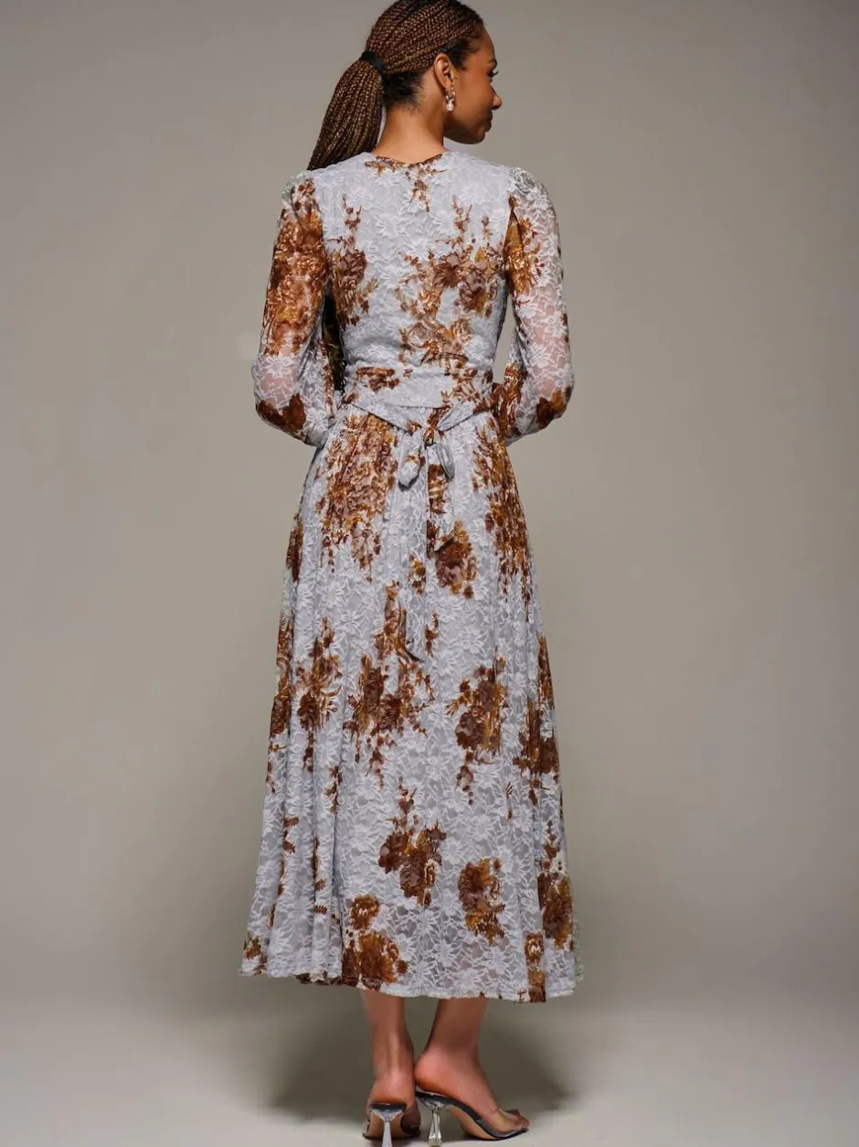 Jolie Moi Long Sleeve Printed Lace Midaxi Dress Blue