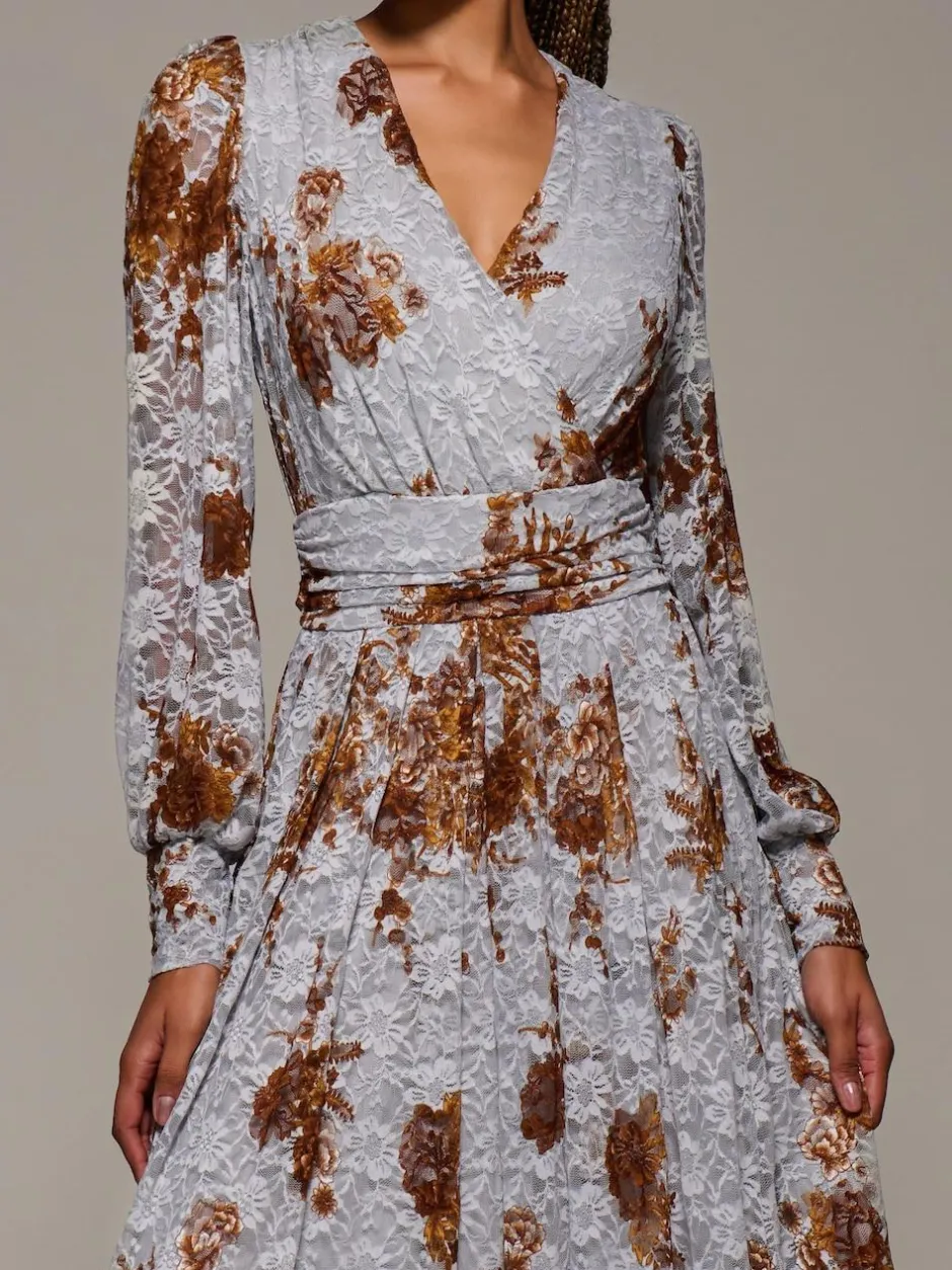 Jolie Moi Long Sleeve Printed Lace Midaxi Dress Blue