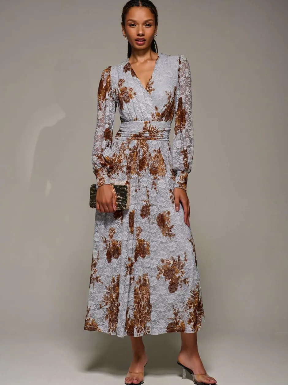 Jolie Moi Long Sleeve Printed Lace Midaxi Dress Blue