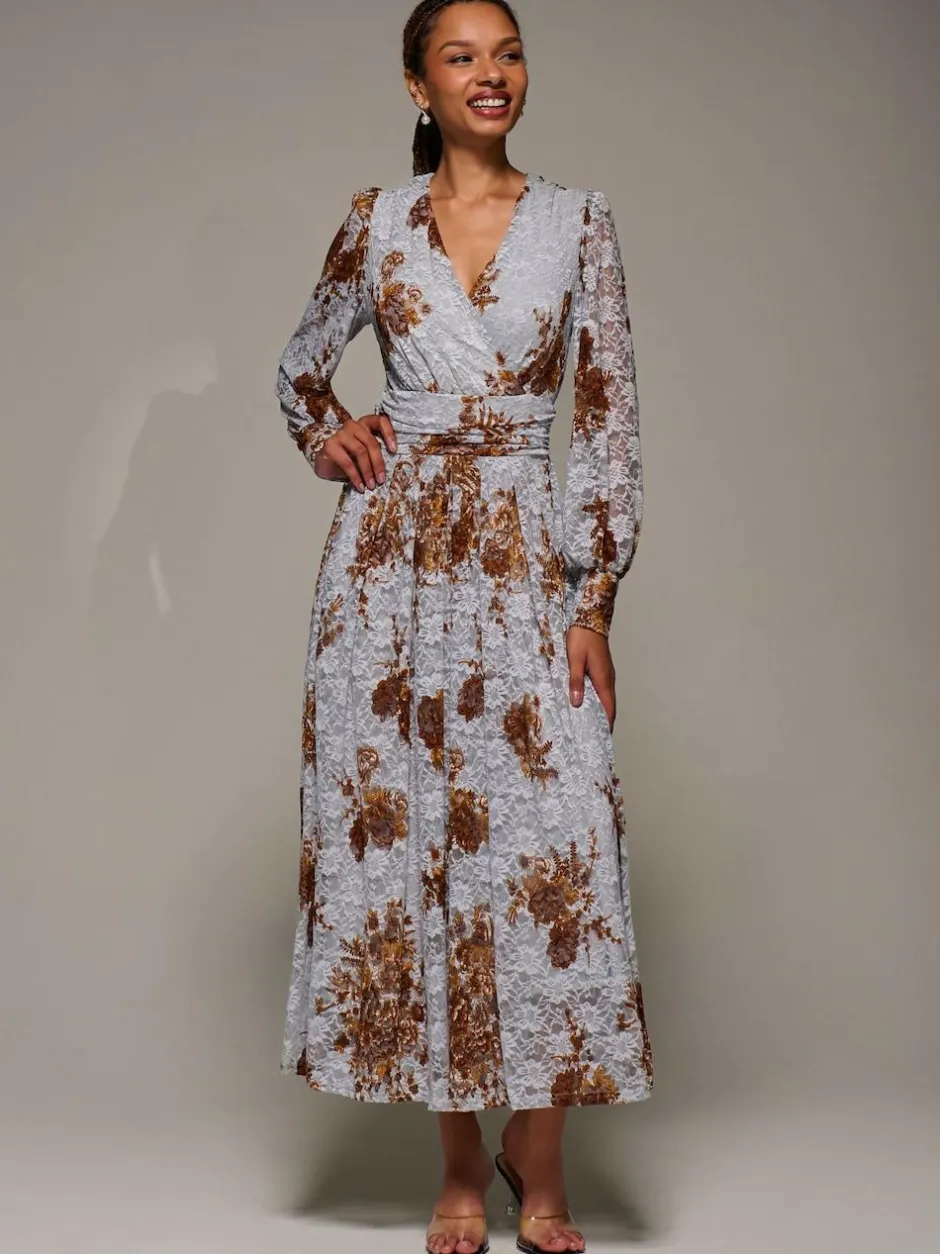Jolie Moi Long Sleeve Printed Lace Midaxi Dress Blue