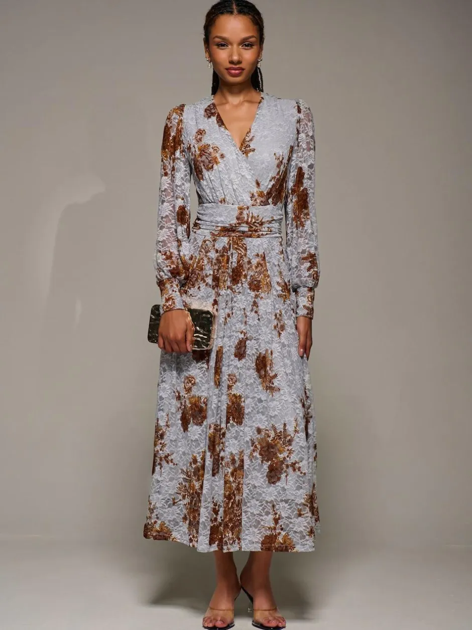 Jolie Moi Long Sleeve Printed Lace Midaxi Dress Blue