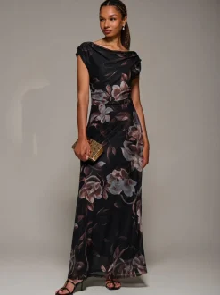 Jolie Moi Asymmetric Neck Mesh Maxi Dress Brown Best