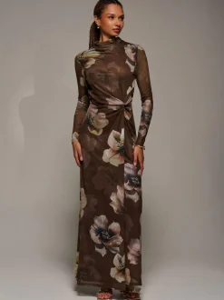 Jolie Moi High Neck Long Sleeve Mesh Maxi Dress Brown Discount