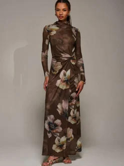 Jolie Moi High Neck Long Sleeve Mesh Maxi Dress Brown Discount