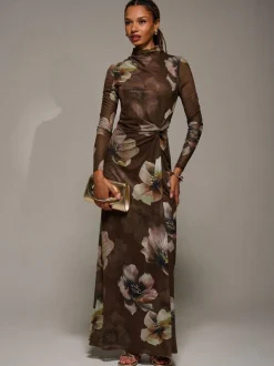 Jolie Moi High Neck Long Sleeve Mesh Maxi Dress Brown Discount