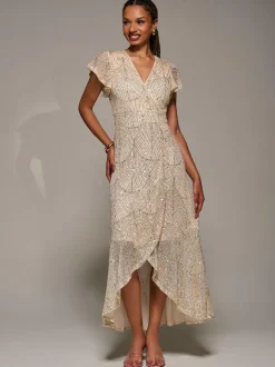 Jolie Moi Gold Frill Short Sleeve Sequin Maxi Dress