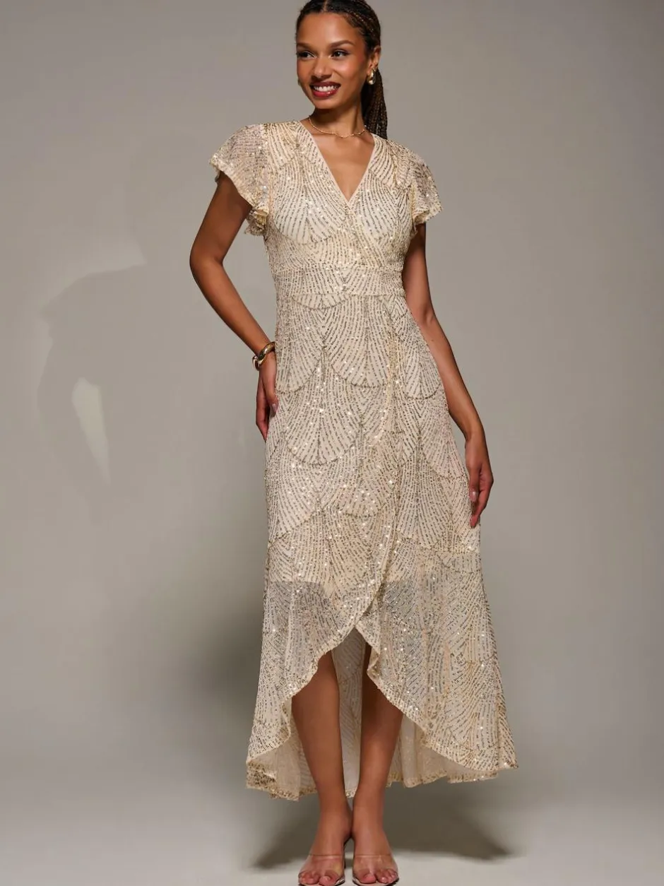 Jolie Moi Gold Frill Short Sleeve Sequin Maxi Dress