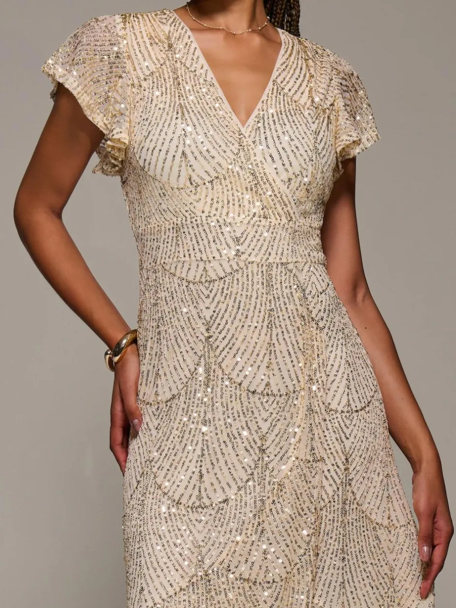 Jolie Moi Gold Frill Short Sleeve Sequin Maxi Dress