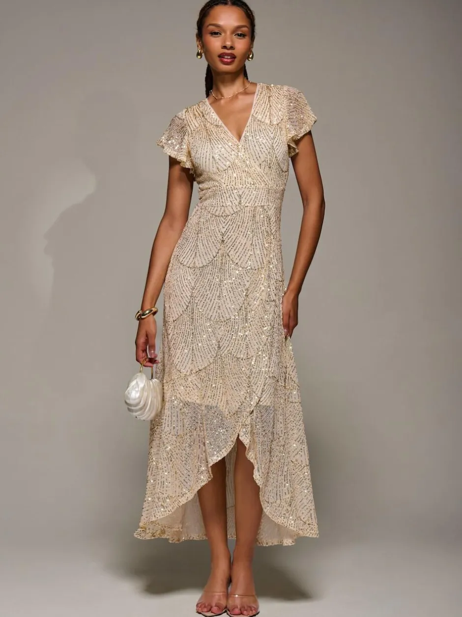 Jolie Moi Gold Frill Short Sleeve Sequin Maxi Dress