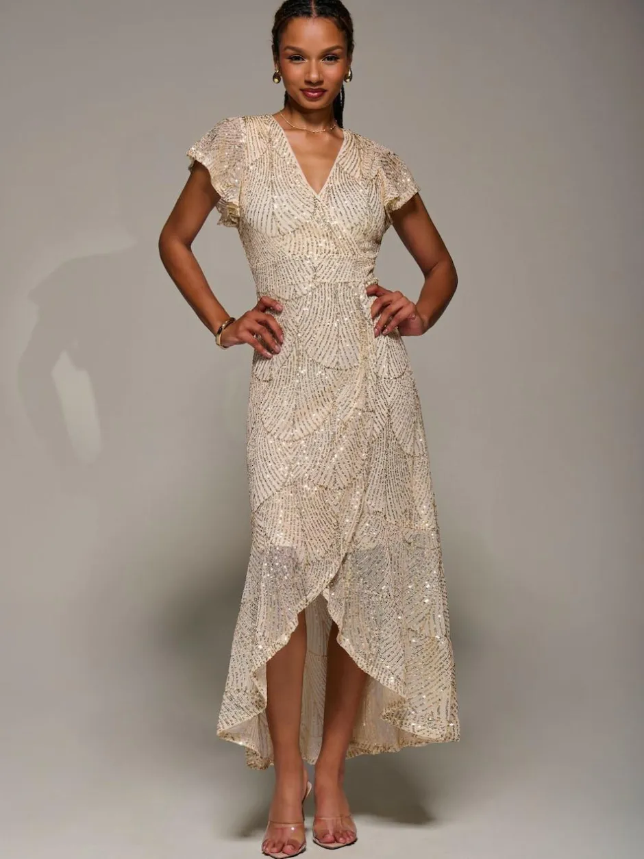 Jolie Moi Gold Frill Short Sleeve Sequin Maxi Dress